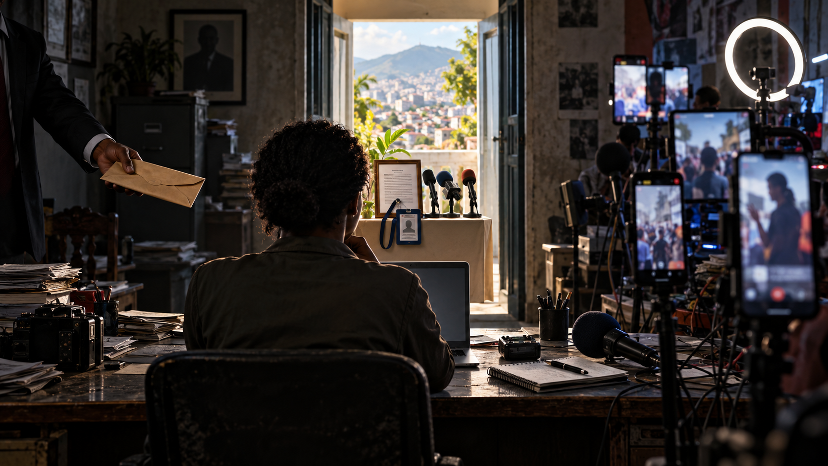 Une journaliste assise devant son ordinateur dans une rédaction encombrée de caméras, de microphones et de téléphones diffusant en direct, avec Port-au-Prince visible au loin.